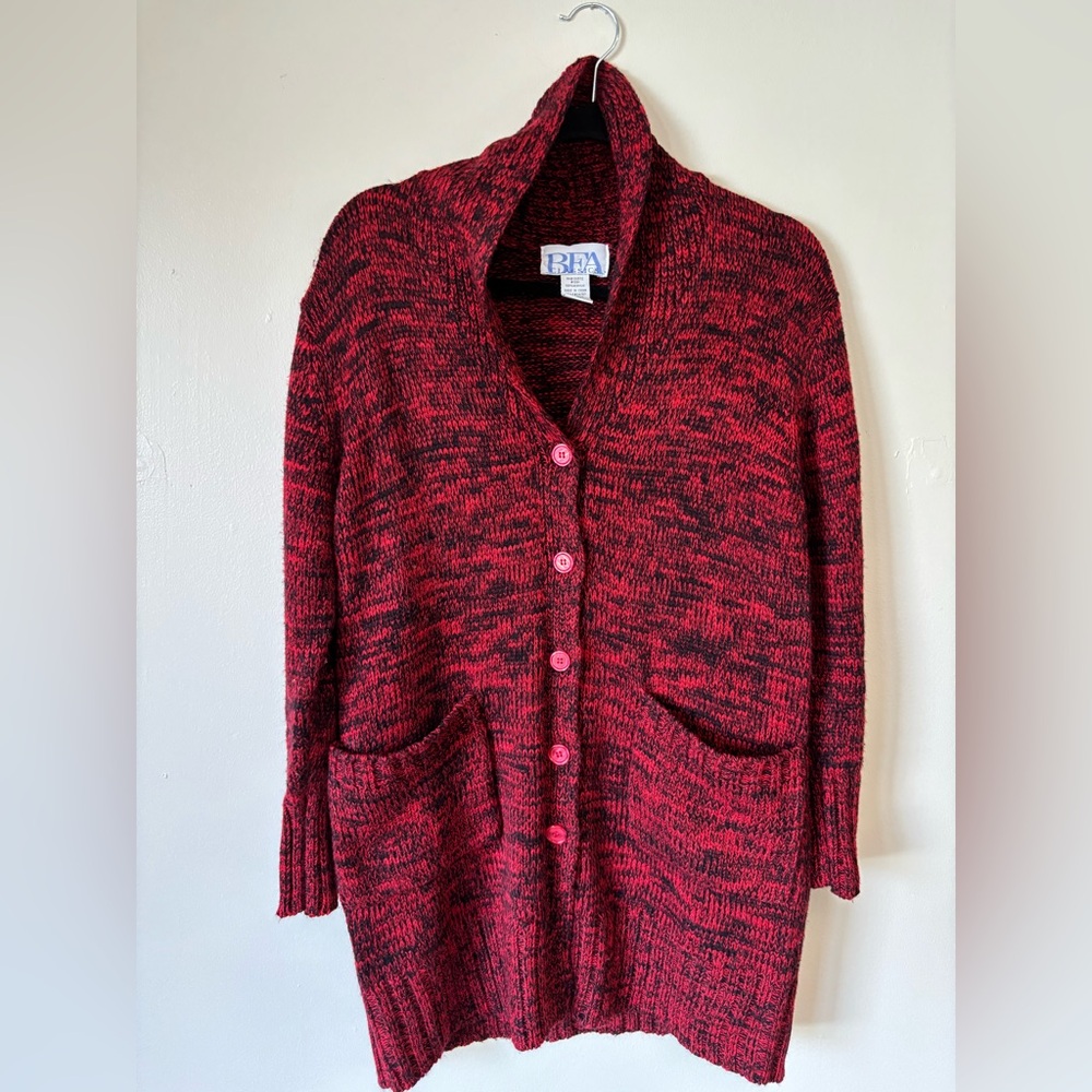 Women's Red & Black Knit Thick Comfy Grandmacore Cardigan by BFA Classics, Sz S